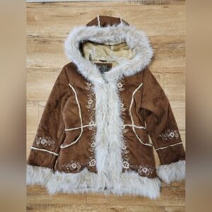 Vtg Y2K Big Chill Faux Suede Fur Coat GIRLS 14/16 Women XS/S Embroidered Hooded